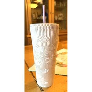 Starbucks Pearl White Mermaid Tumbler Siren Shell 24oz Venti w/Straw